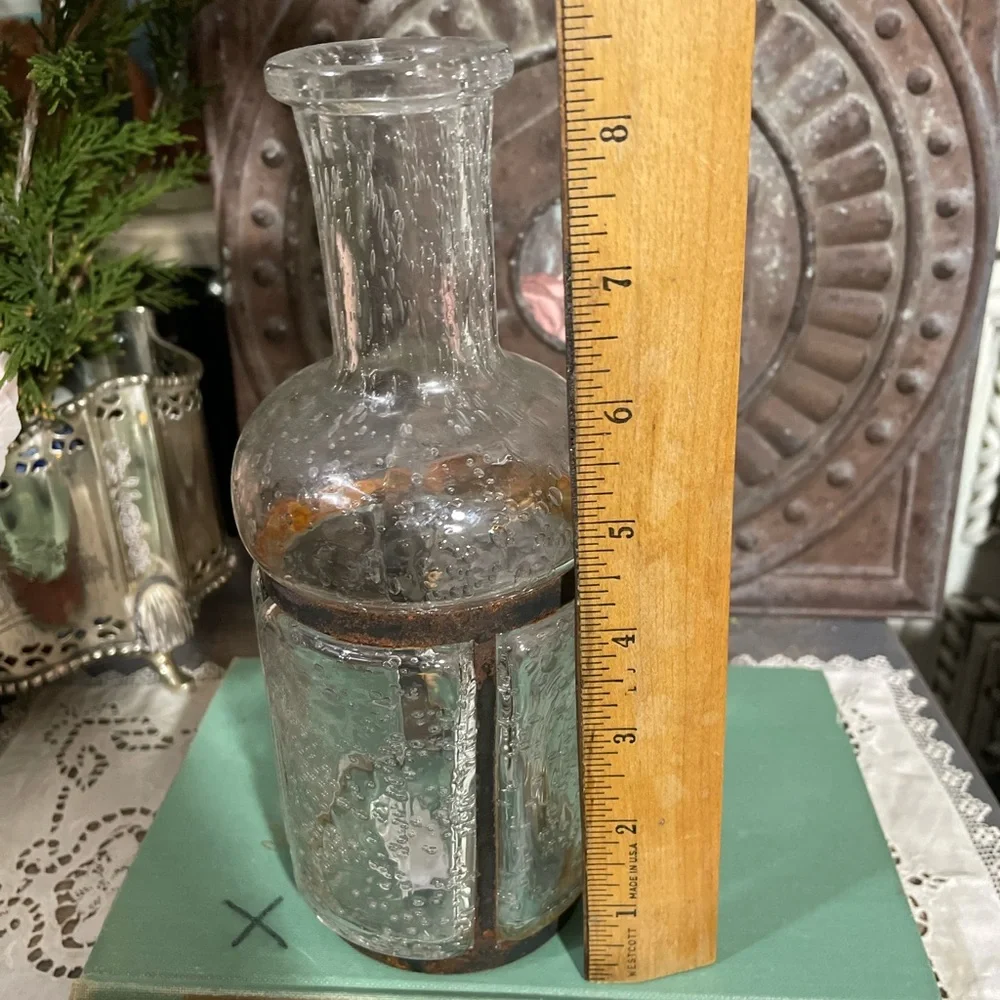 Vintage Pulegoso clear bubble Glass bottle Rustic metal French country cottage